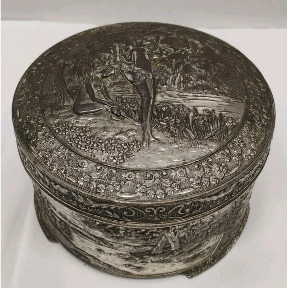Japan Metal Trinket Dresser Box Risque Ladies Bathing At The Stream Vintage